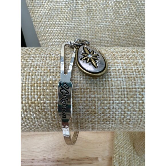 Brighton Silver & Gold-Tone Bangle Bracelet W/ Charms "Joy To The World" & Heart - Picture 2 of 8